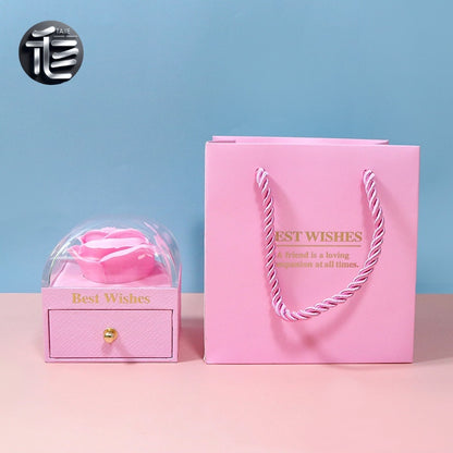 Rose Flower Jewelry Box with Drawer – Transparent Lid Ring Necklace Case for Valentine's Day Gift