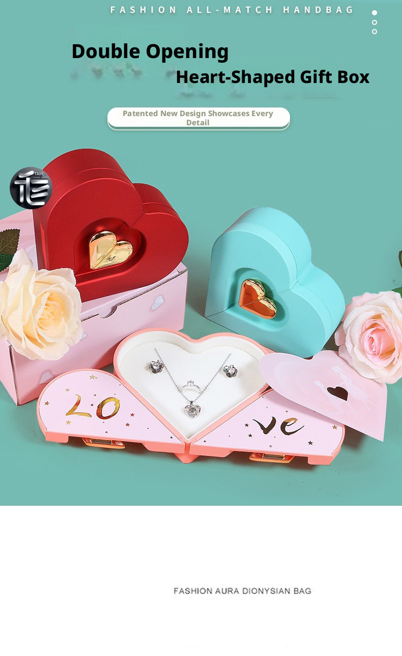 Heart Shaped Jewelry Box Double Open Gift Box with Rose & Gold Clasp for Valentine's Day