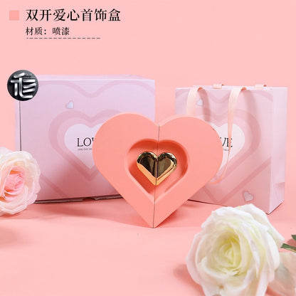 Heart Shaped Jewelry Box Double Open Gift Box with Rose & Gold Clasp for Valentine's Day