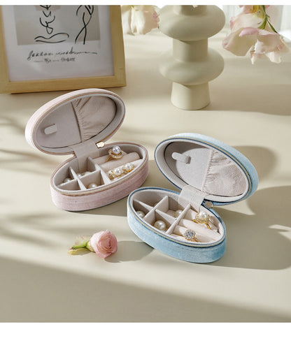 Velvet Oval Jewelry Box Zipper Travel Case – Ring Earring Organizer for Women
