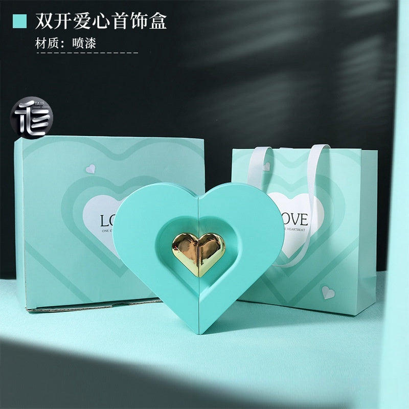 Heart Shaped Jewelry Box Double Open Gift Box with Rose & Gold Clasp for Valentine's Day