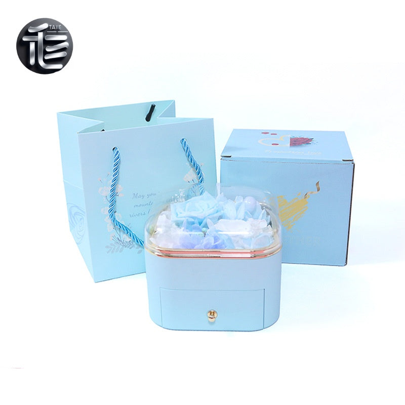Preserved Rose Jewelry Box with Drawer – Acrylic Lid Ring Necklace Case for Her