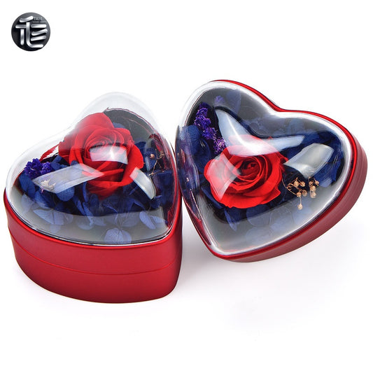 Heart Shape Jewelry Box Preserved Flower Ring Necklace Case Gift for Her Valentine Proposal Wedding