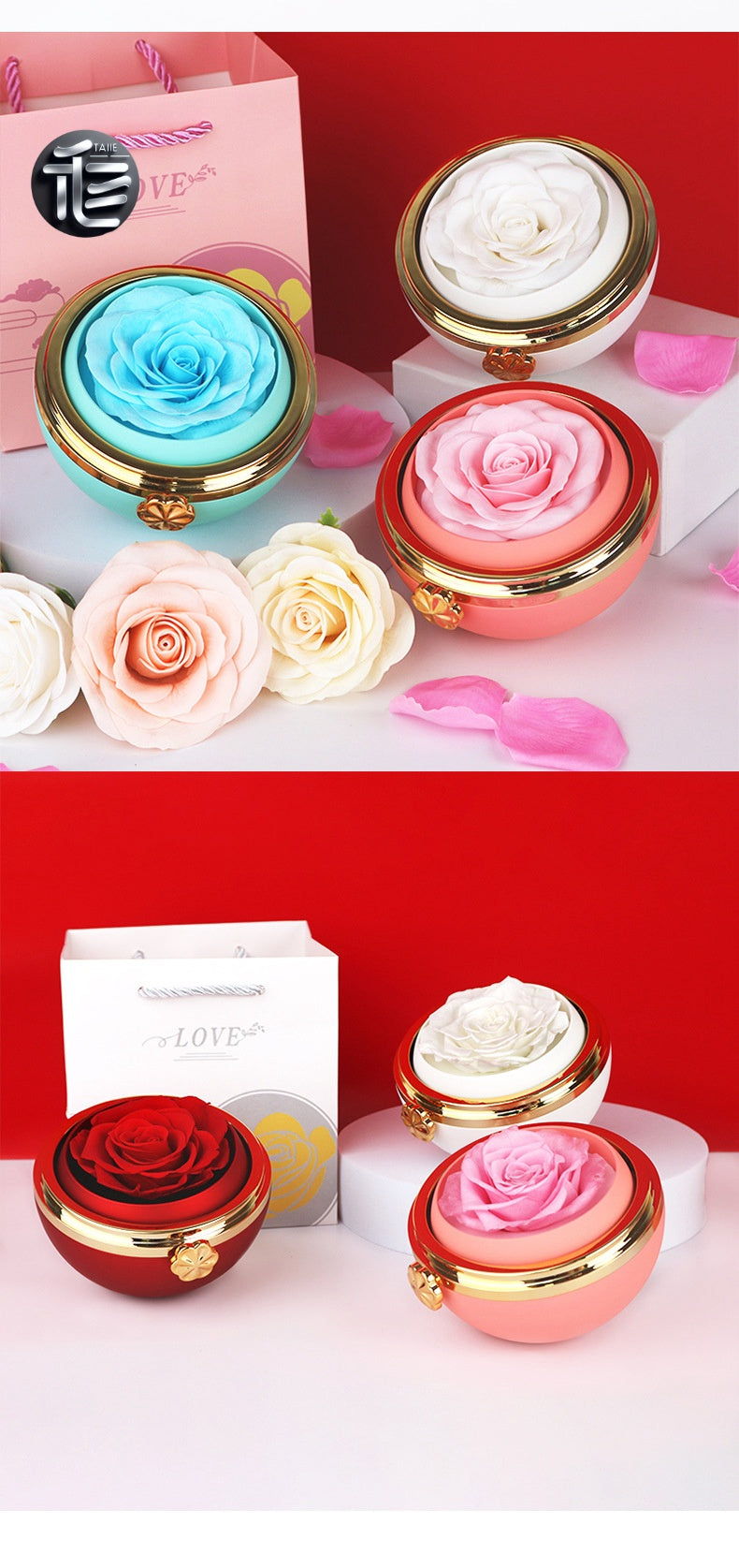 Rotating Rose Jewelry Box with Drawer – Ring Necklace Case for Valentine's Day