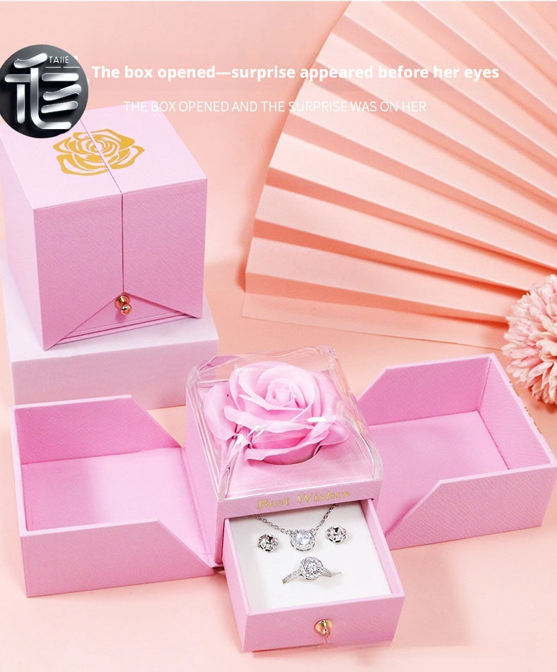 Rose Flower Jewelry Box Double Door Drawer – Transparent Lid Ring Case for Valentine's Day