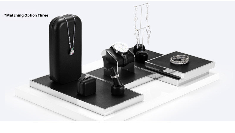 Black Leather Jewelry Display Set with Metal Trays for Rings and Earrings