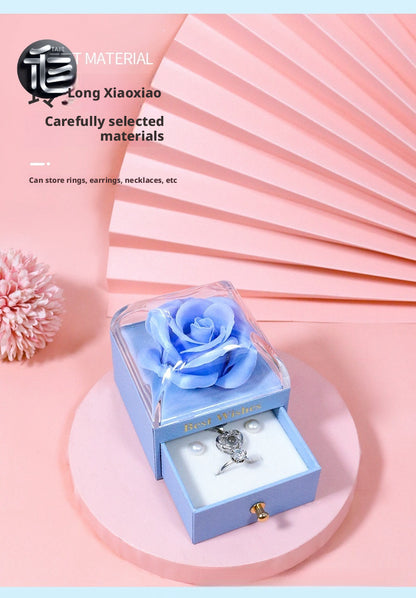 Rose Flower Jewelry Box with Drawer – Transparent Lid Ring Necklace Case for Valentine's Day Gift