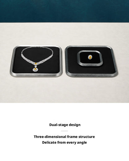 Silver Metal Jewelry Tray with Black Velvet for Ring and Necklace Display