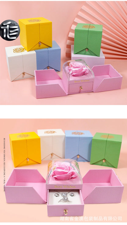 Rose Flower Jewelry Box Double Door Drawer – Transparent Lid Ring Case for Valentine's Day