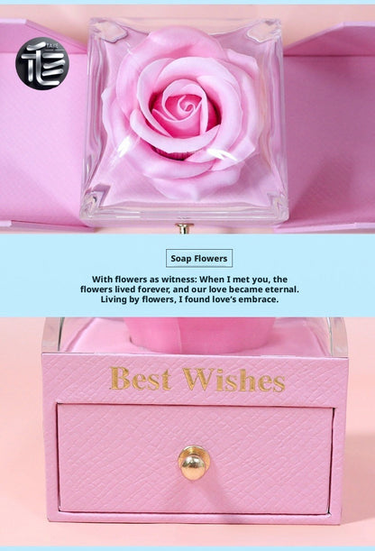 Rose Flower Jewelry Box with Drawer – Transparent Lid Ring Necklace Case for Valentine's Day Gift