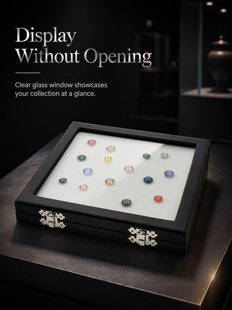Coin & Gem Display Box, Glass Lid, PU Leather Case with Memory Foam
