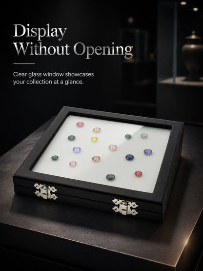 Coin & Gem Display Box, Glass Lid, PU Leather Case with Memory Foam