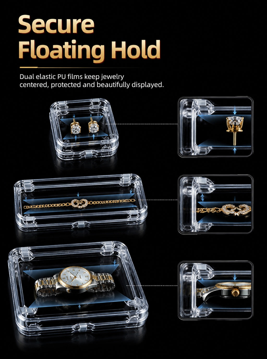 3pcs Clear Acrylic Floating Display Box Film Suspension Case for Jewelry Watch Storage