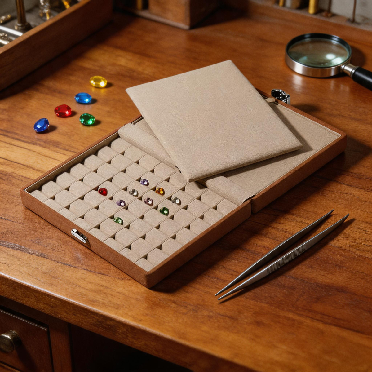 Suede Gemstone Ring Display Box with Lock, Loose Stone Organizer Case