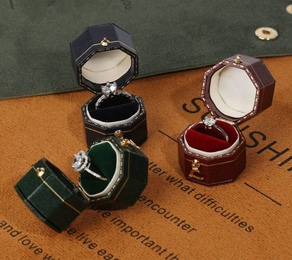 Mini Octagon Ring Box, Small Single Ring Holder Case with Gold Clasp Velvet Cushion