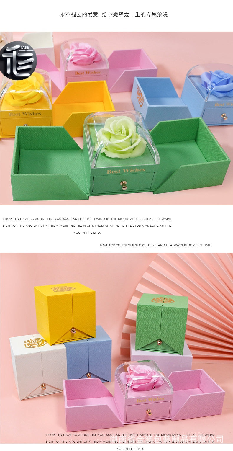 Rose Flower Jewelry Box Double Door Drawer – Transparent Lid Ring Case for Valentine's Day