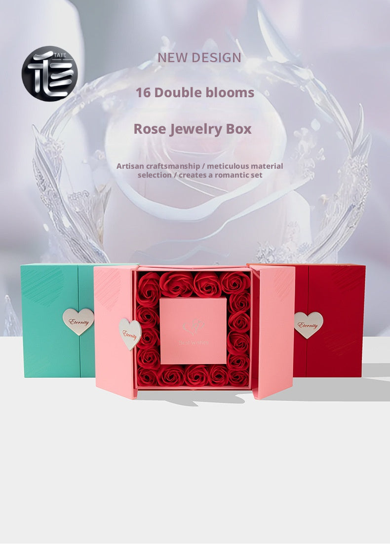 Preserved Rose Gift Box 16 Red Roses Double Door Jewelry Holder w/ Gift Bag for Her