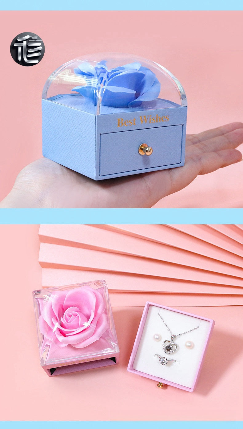 Rose Flower Jewelry Box with Drawer – Transparent Lid Ring Necklace Case for Valentine's Day Gift