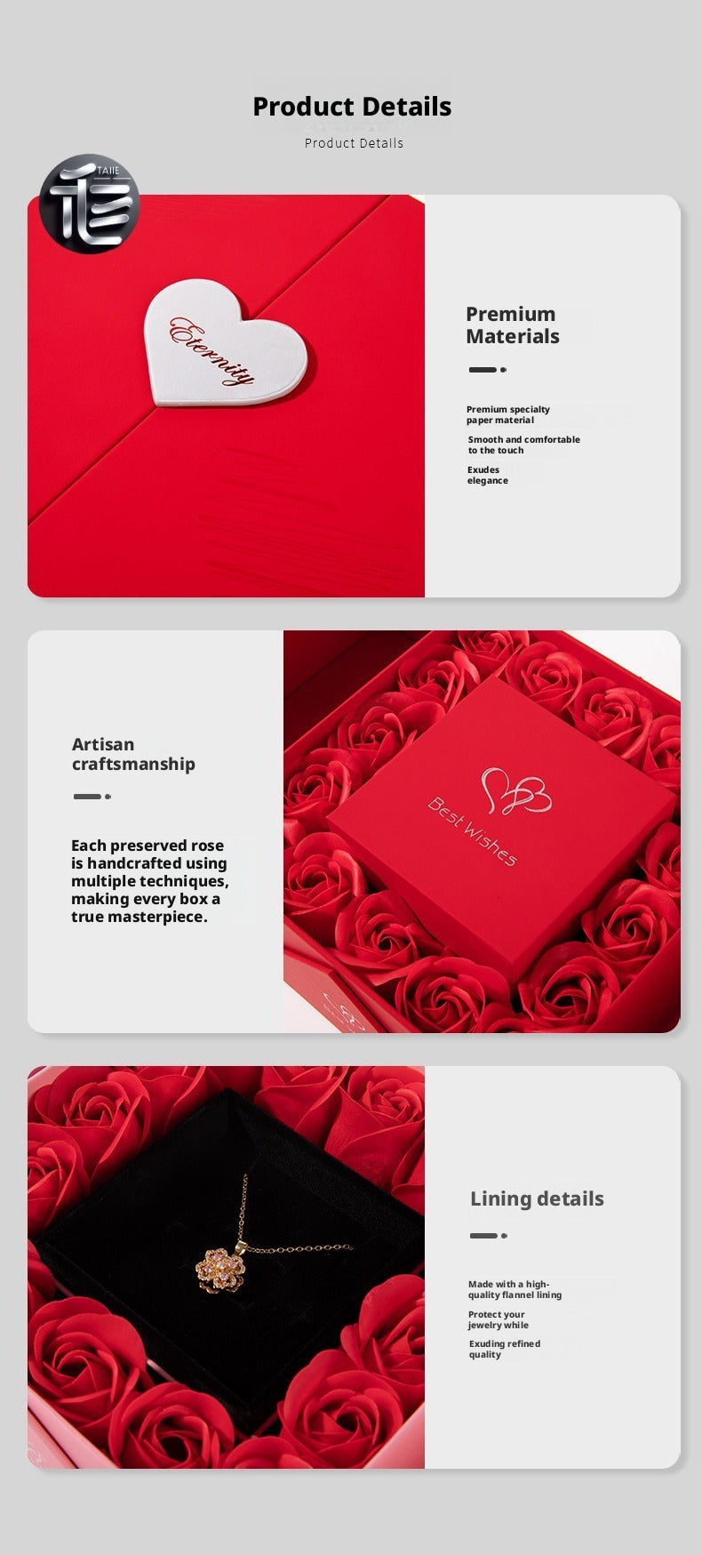 Preserved Rose Gift Box 16 Red Roses Double Door Jewelry Holder w/ Gift Bag for Her