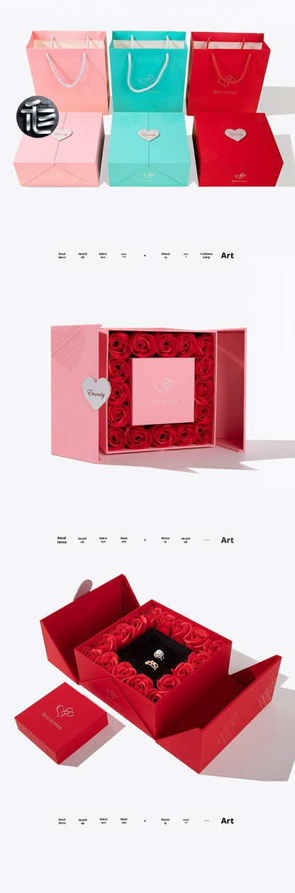 Preserved Rose Gift Box 16 Red Roses Double Door Jewelry Holder w/ Gift Bag for Her