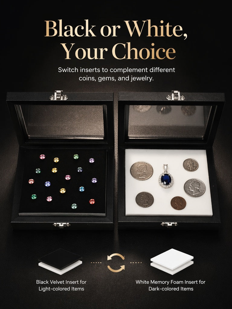 Coin & Gem Display Box, Glass Lid, PU Leather Case with Memory Foam