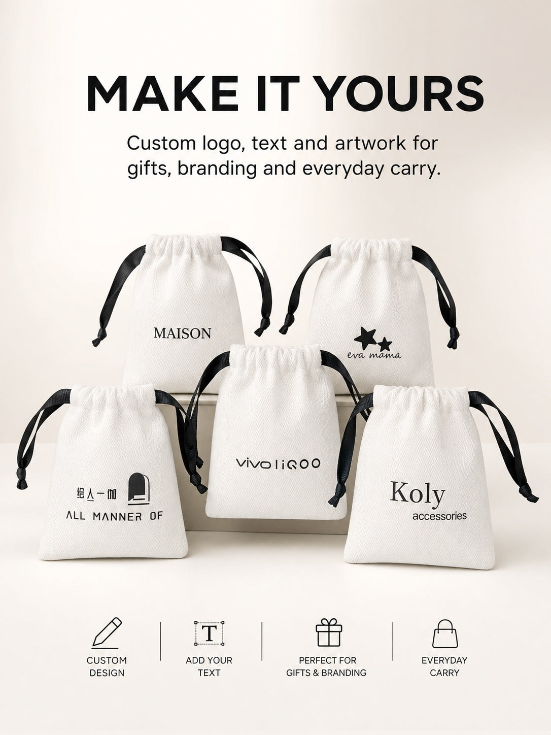 100PCS Custom Cotton Jewelry Pouches, Logo Drawstring Bags, Small Storage