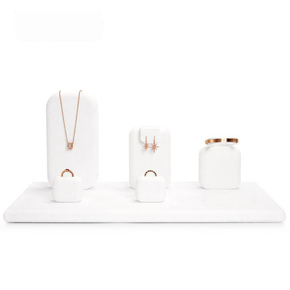 White Suede Jewelry Display Set with Necklace Stand and Ring Holders