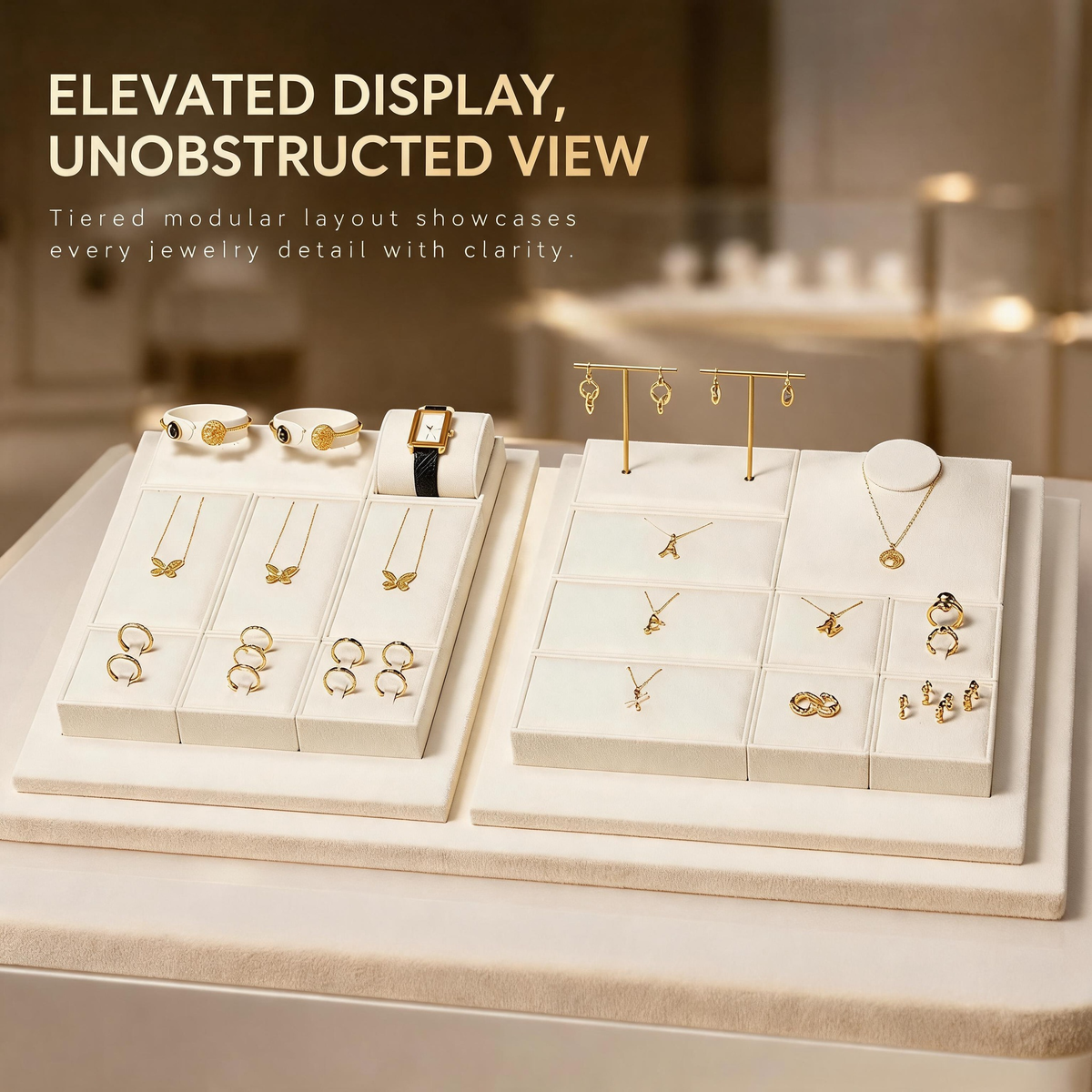Suede Jewelry Display Stand Set, Tiered Modular Showcase Tray, White Microfiber Props