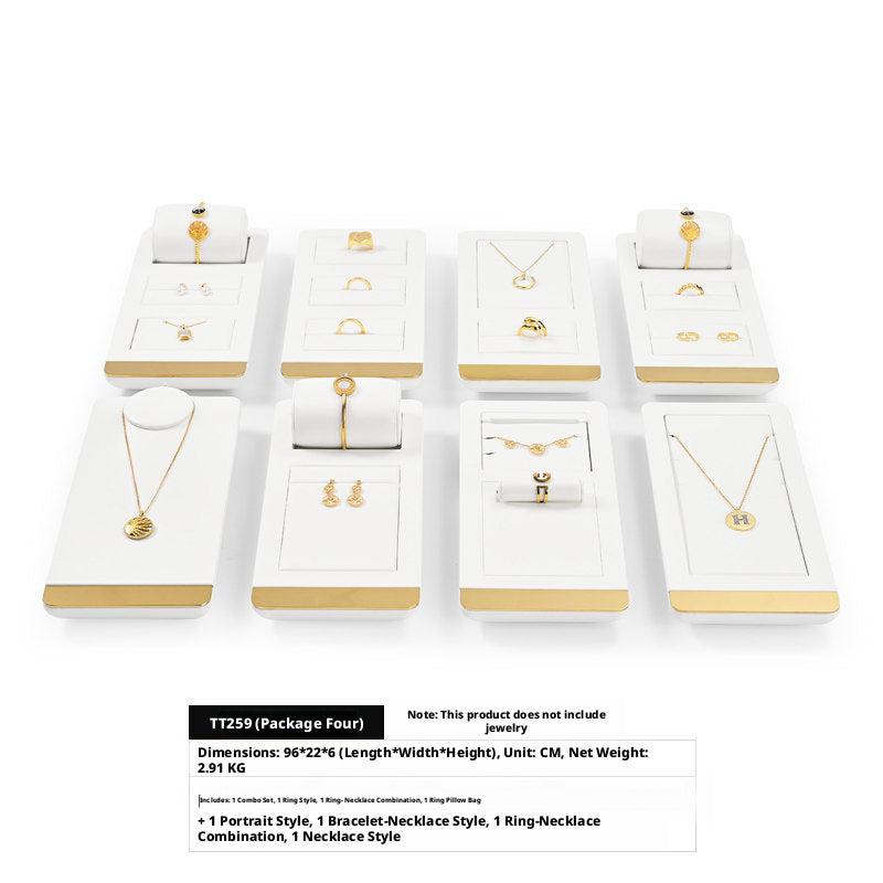 White Leather Jewelry Display Set with Gold Trim for Watch and Ring