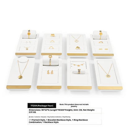 White Leather Jewelry Display Set with Gold Trim for Watch and Ring