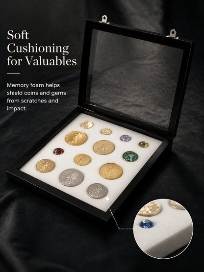 Coin & Gem Display Box, Glass Lid, PU Leather Case with Memory Foam