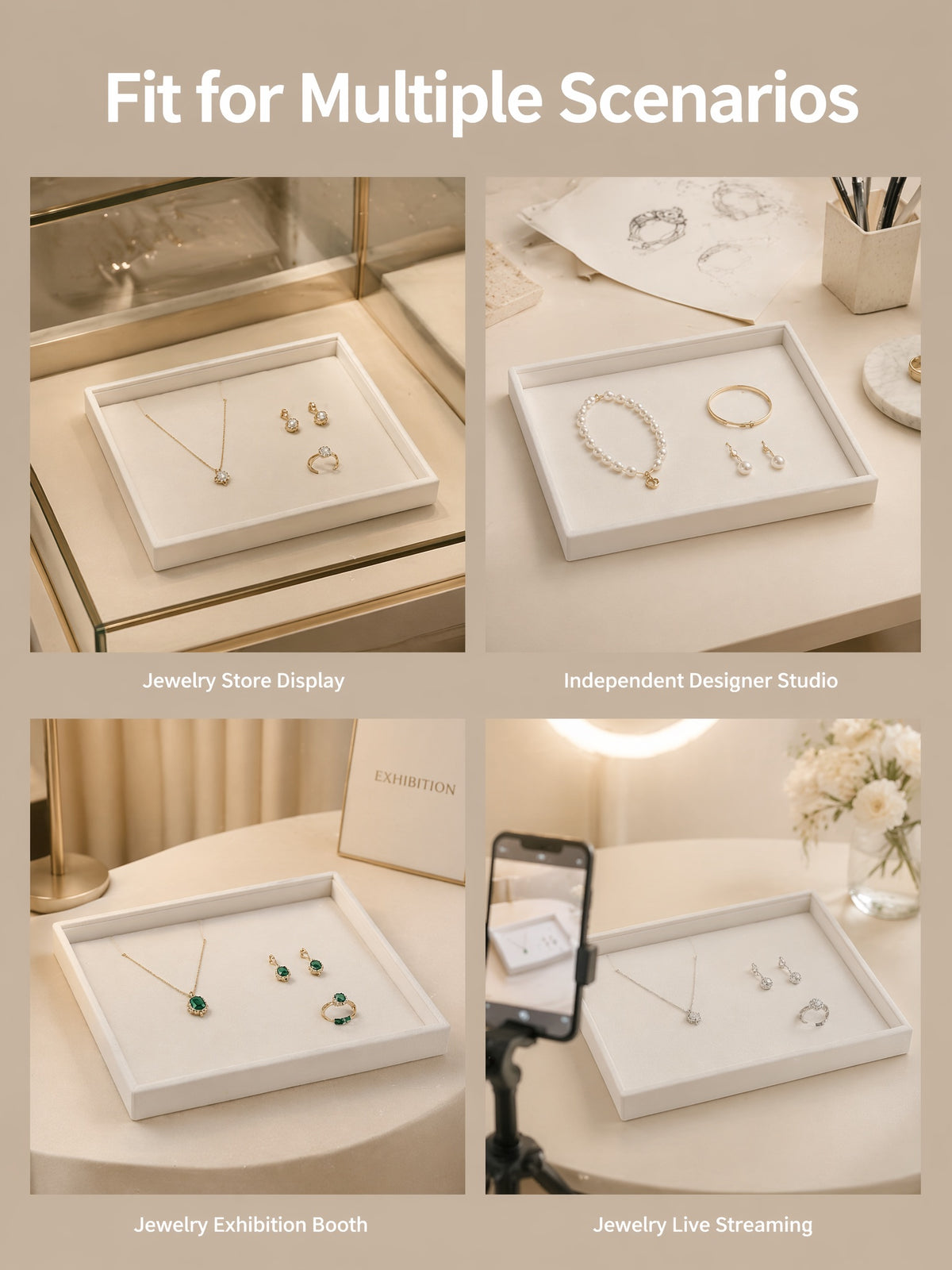 Velvet Jewelry Display Tray for Necklaces, Ring Showcase Organizer, Countertop Holder