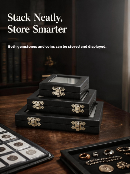 Coin & Gem Display Box, Glass Lid, PU Leather Case with Memory Foam