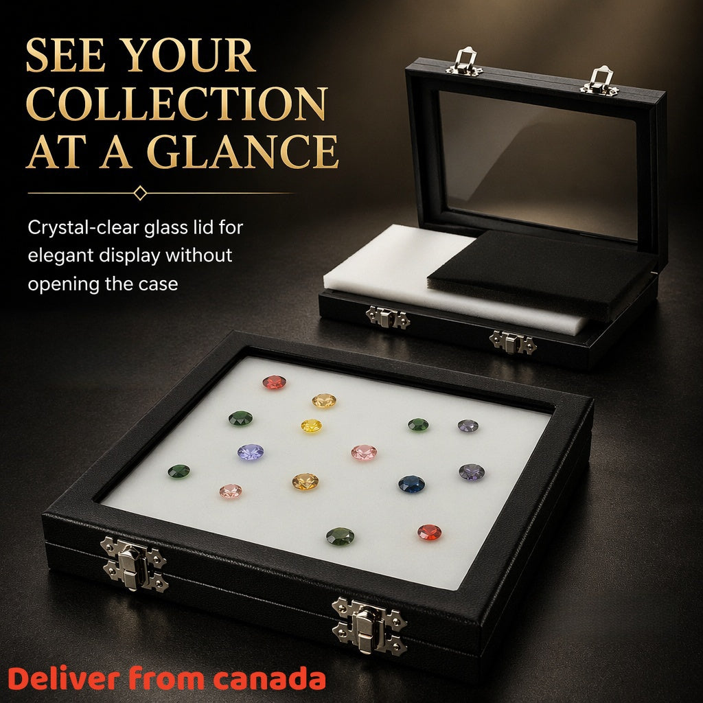 Coin & Gem Display Box, Glass Lid, PU Leather Case with Memory Foam