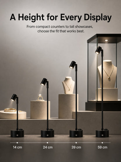 Battery-Powered LED Spotlight for Jewelry Display, Cordless Rechargeable Countertop Spot Lamp for Showcase