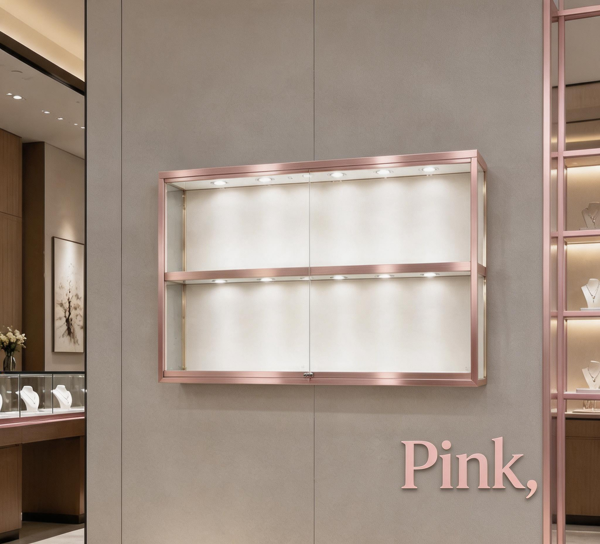 Gold Wall-Mounted Jewelry Display Case with LED Lights & Lock, 2-Tier Stainless Steel Electroplated Showcase Cabinet for Retail Boutiques