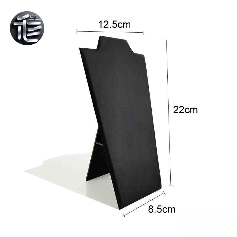 Folding Necklace Display Stand, Black Velvet, White Faux Leather Easel (3-Piece Set)