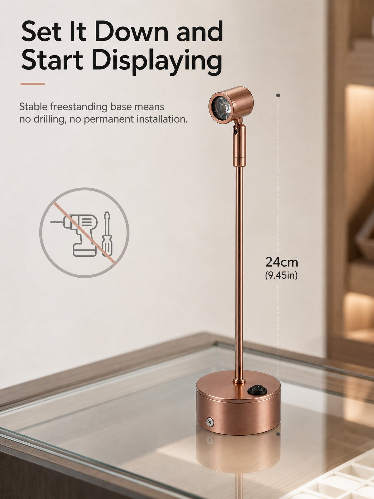 Wireless LED Spotlight for Jewelry Display, Rechargeable Countertop Spot Lamp