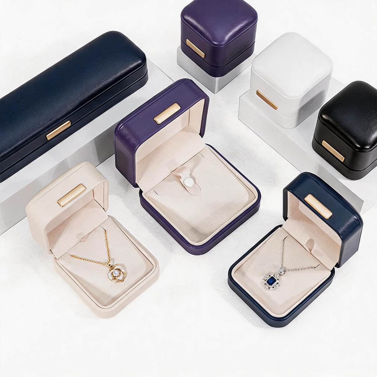 5pcs PU Leather Dome Jewelry Box Gold Accent – Ring Necklace Bracelet Gift Case