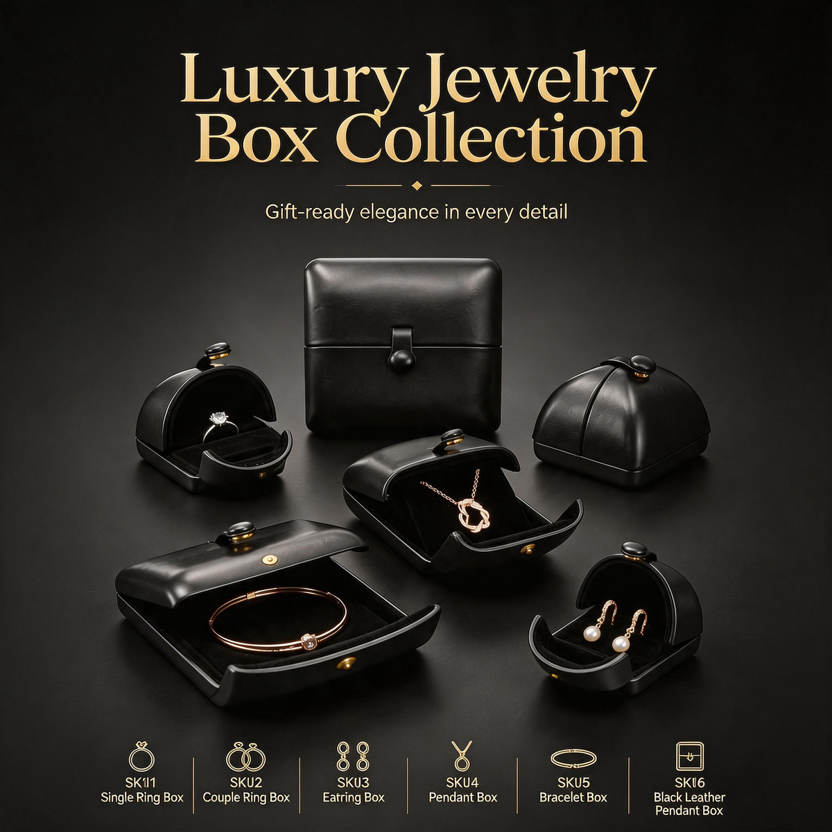 5PCS Black PU Leather Snap Jewelry Box, Faux Leather Ring Earring Bangle Pendant Case