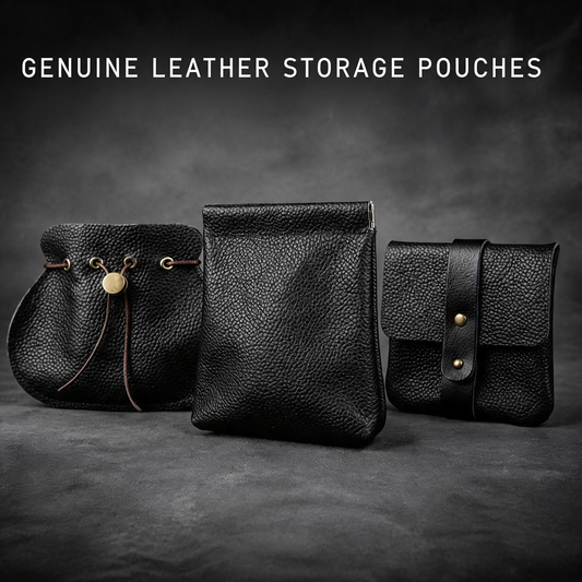 5pcs Genuine Leather Storage Pouch, Waterproof Pebble Cowhide Bag, Snap Drawstring Zipper Closure, Jewelry Organizer