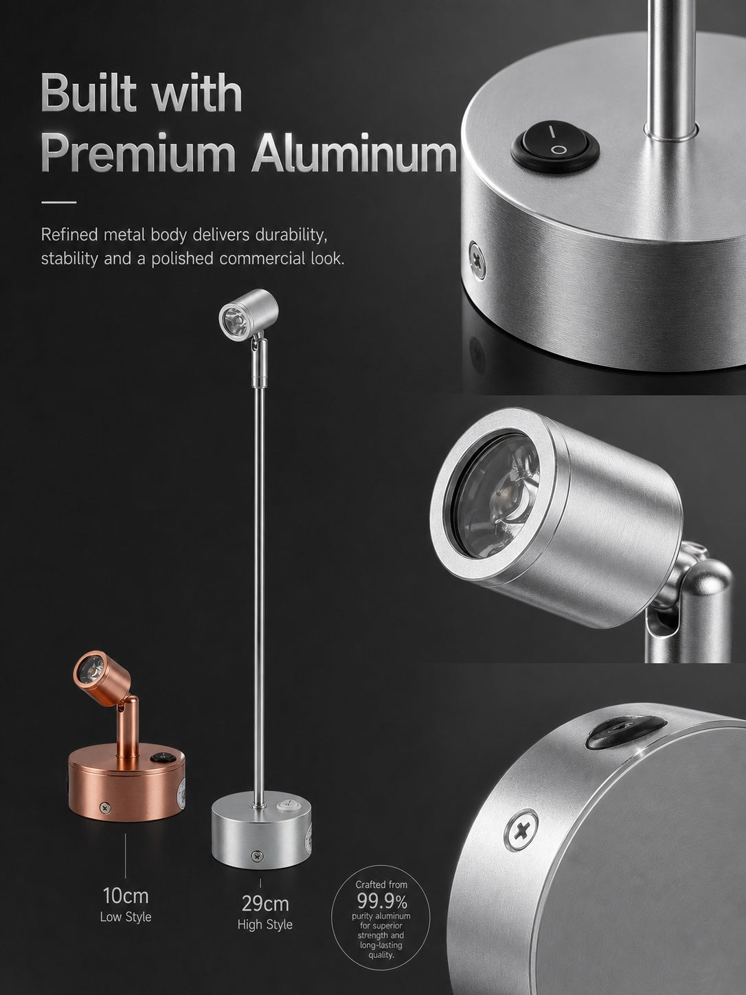 Battery-Powered LED Spotlight for Jewelry Display, Cordless Rechargeable Countertop Spot Lamp for Showcase
