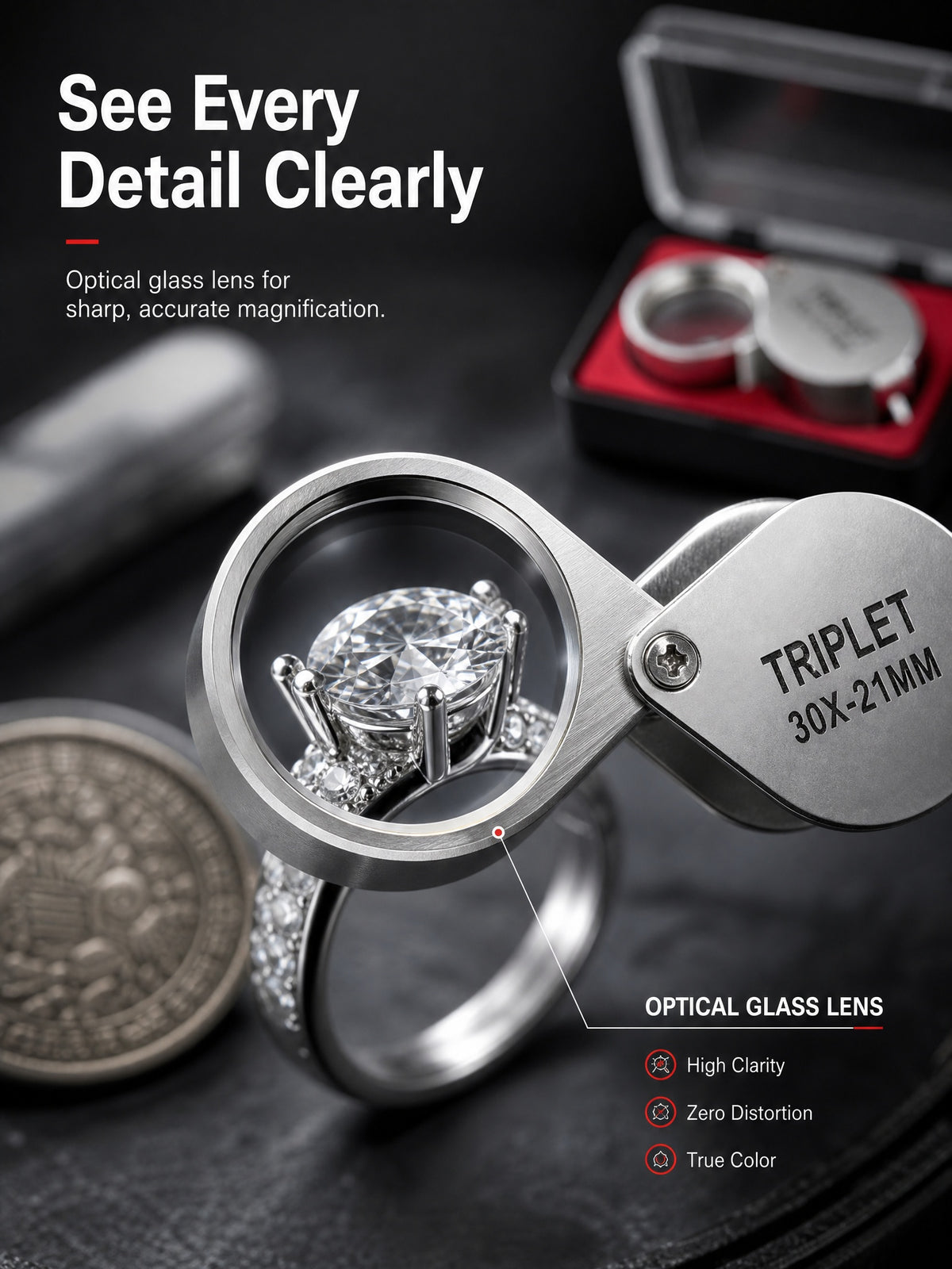 3PCS Jewelry Loupe Magnifier, Triplet Optical Glass, 10X 20X 30X Gemstone Inspection Tool