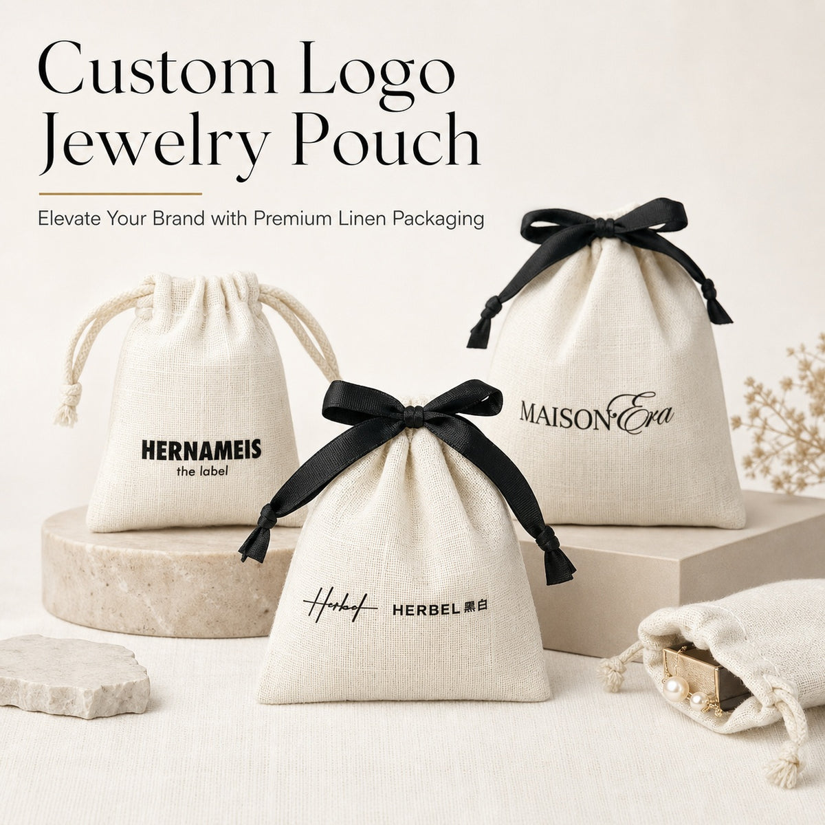 100PCS Custom Logo Cotton Jewelry Pouches, Personalized Drawstring Gift Bags