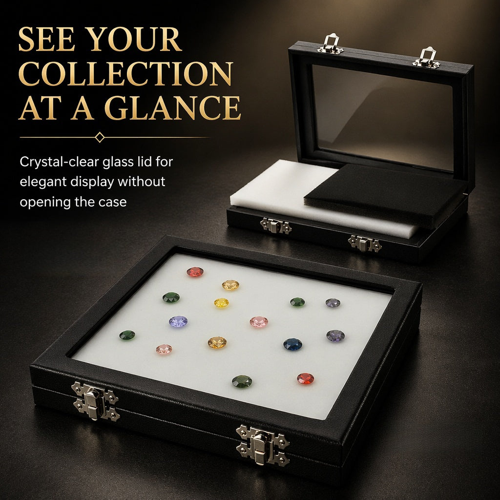 Coin & Gem Display Box, Glass Lid, PU Leather Case with Memory Foam