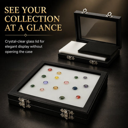 Coin & Gem Display Box, Glass Lid, PU Leather Case with Memory Foam