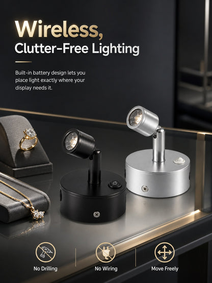 Battery-Powered LED Spotlight for Jewelry Display, Cordless Rechargeable Countertop Spot Lamp for Showcase
