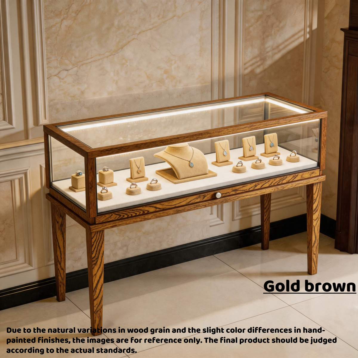 Solid Ash Wood Jewelry Display Cabinet, Adjustable LED Lighting, Retail Presentation Showcase