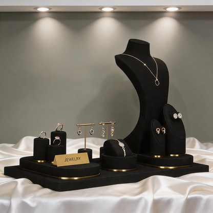 Luxury Black Suede Necklace Bust and Display Stand Set