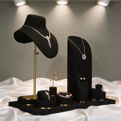 Luxury Black Suede Necklace Bust and Display Stand Set